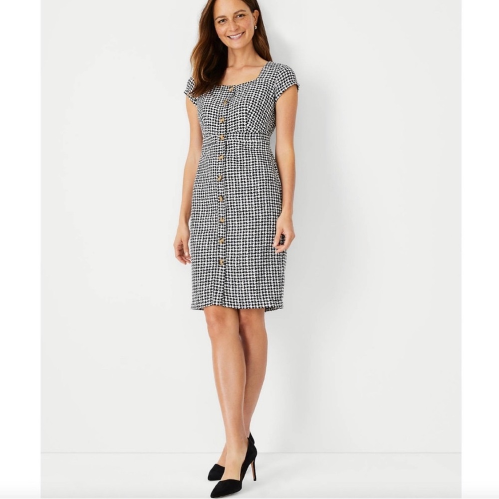 NWT Ann Taylor Gingham Tweed Button Front Sheath Dress | Work Chic | Size 8